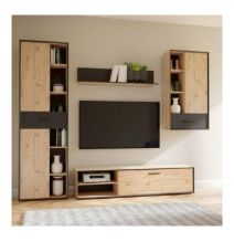 Mueble de TV, Estante, Vitrina y Mueble de Colgar | Medidas: 260 x 40.6 x 200 cm | Color Roble Artisan con Detalles en Gris