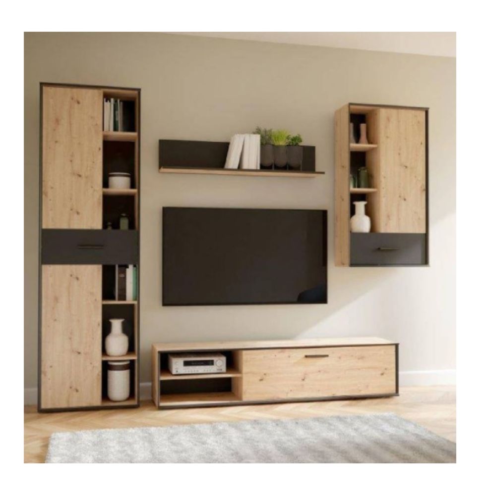 Mueble de TV, Estante, Vitrina y Mueble de Colgar | Medidas: 260 x 40.6 x 200 cm | Color Roble Artisan con Detalles en Gris