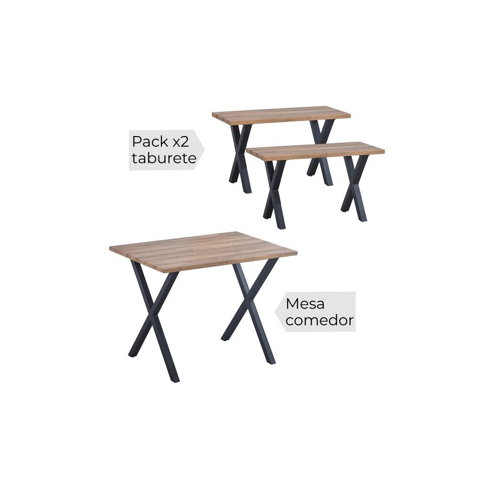 Mesa comedor + 2 taburetes: Mesa madera y Patas Metálicas En Negro (76x100x70 Cm) + 2 Taburetes (45x80x35 Cm )